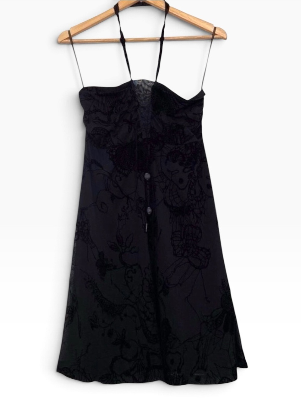 SHAN Made in Canada Black Flocked Floral Halter Dress Quiet Luxury Resort Size 1